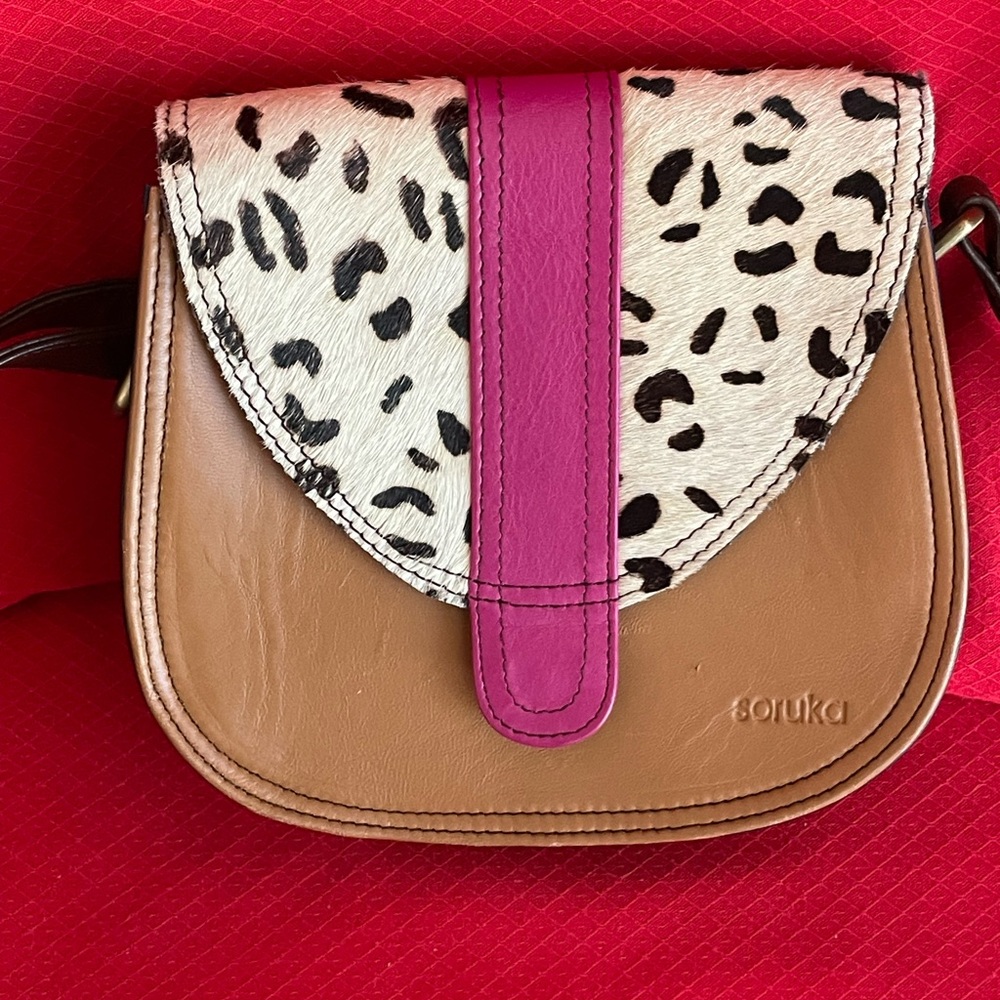 SOUKKA Tan Leather Crossbody with Pink & Black-White Animal Print Flap
